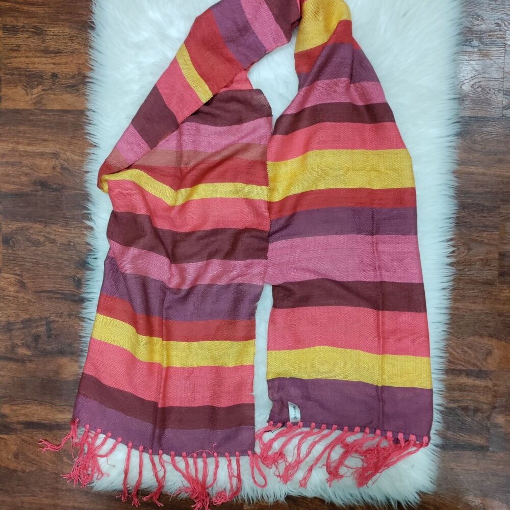 Rosecarft Pure Bamboo Handmade Handwoven Pink Purple Yellow Striped Fringe Scarf - Picture 3 of 10
